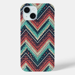 Boho Chevron Pattern Blauwgroen, Koraal & Crème iPhone 15 Case