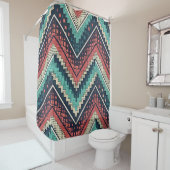 Boho Chevron Pattern | Blauwgroen, Koraal & Crème Douchegordijn (In situ)