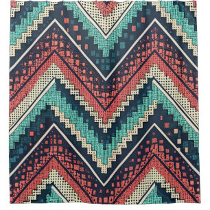 Boho Chevron Pattern Blauwgroen, Koraal & Crème Douchegordijn