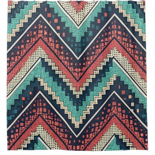 Boho Chevron Pattern | Blauwgroen, Koraal & Crème Douchegordijn (Voorkant)
