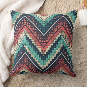 Boho Chevron Pattern Blauwgroen, Koraal & Crème Kussen