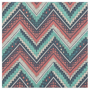 Boho Chevron Pattern Blauwgroen, Koraal & Crème Stof