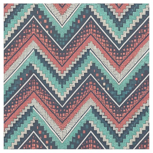 Boho Chevron Pattern | Blauwgroen, Koraal & Crème Stof (Close Up)