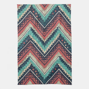 Boho Chevron Pattern   Blauwgroen, Koraal & Crème  Theedoek