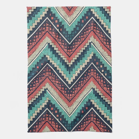 Boho Chevron Pattern | Blauwgroen, Koraal & Crème  Theedoek (Verticaal)