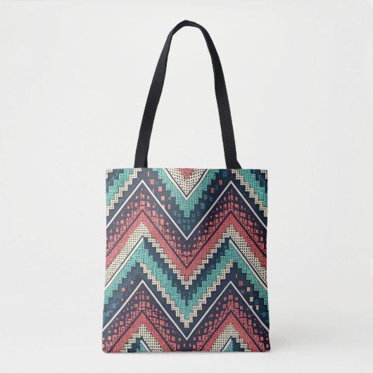 Boho Chevron Pattern | Blauwgroen, Koraal & Crème Tote Bag (Voorkant)