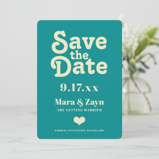 Boho Chic 70's Retro Blauwgroen Opslaan Datum Aankondiging (Staand voorkant)