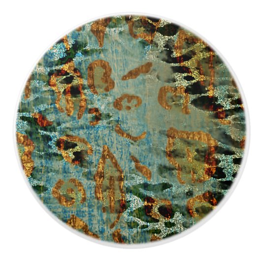 Boho Chic Animal Print Blauw en Goud Patroon Keramische Knop (Voorkant)