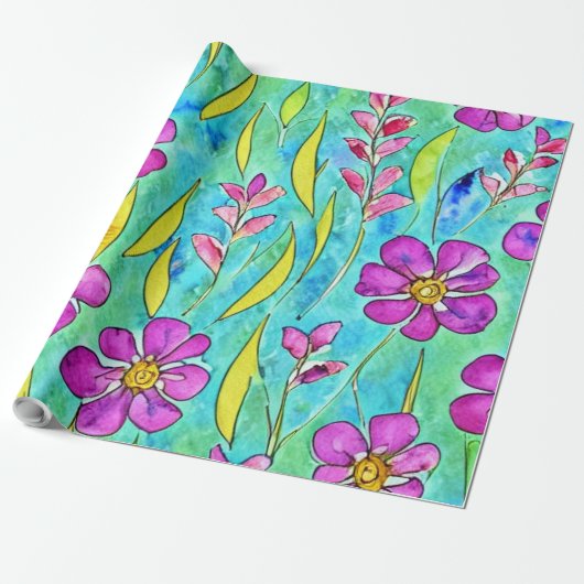Boho Chic Art Nouveau Waterverf bloemenmotief Cadeaupapier (Uitgerold)