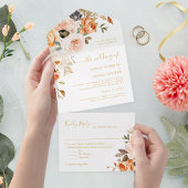 Boho Chic Autumn Gold leves Floral Wedding All In One Uitnodiging