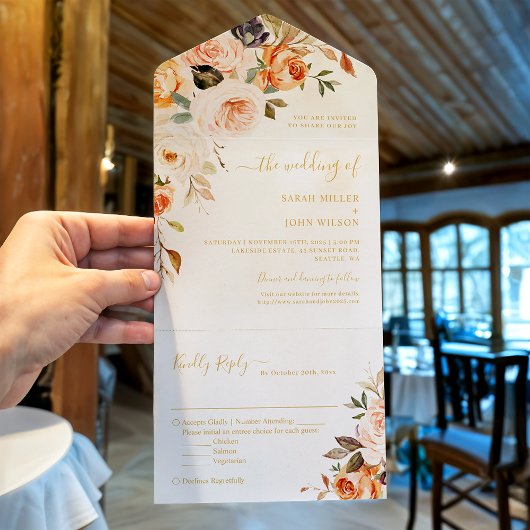 Boho Chic Autumn Gold leves Floral Wedding All In One Uitnodiging