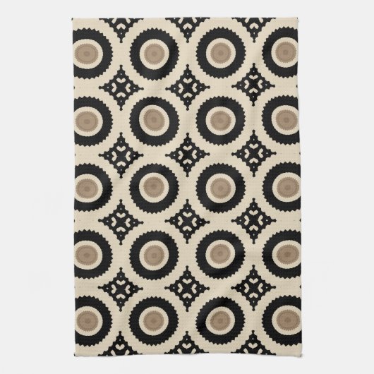 Boho Chic Black & Beige Geometric Pattern Theedoek (Verticaal)