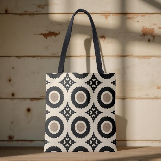 Boho Chic Black & Beige Geometric Pattern Tote Bag