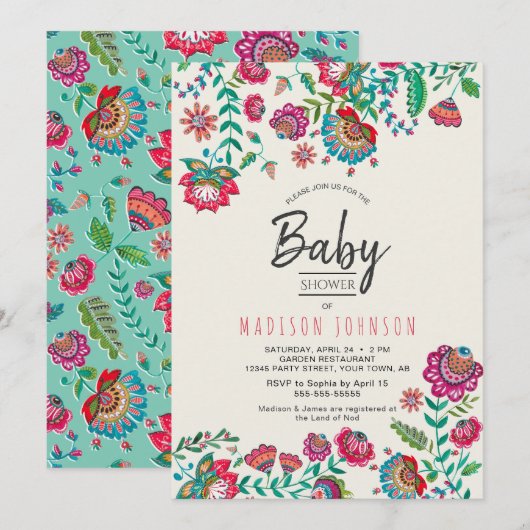 Boho Chic | Blauw | Folk Flowers | BABY SHOWER Kaart (Voorkant / Achterkant)