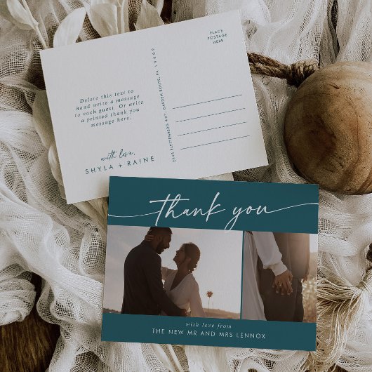 Boho chic Blauwgroen blauw bruiloft foto dank u Briefkaart