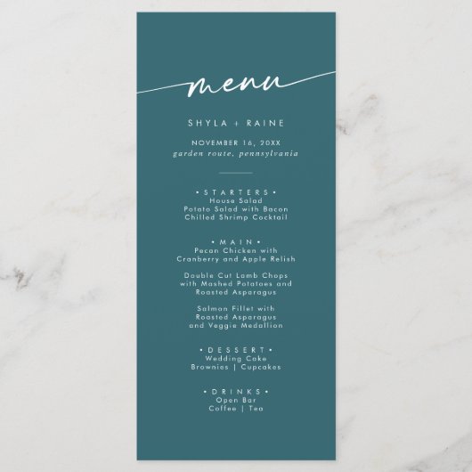 Boho chic Blauwgroen blauw foto bruiloft Menu (Voorkant)