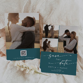 Boho Chic Blauwgroen Blauw Multi Foto QR Code Save The Date