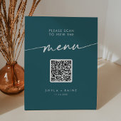 Boho Chic Blauwgroen Blauw QR Code Bruiloft Menu Reclamebord Met Voetstuk