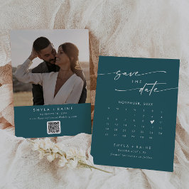 Boho Chic Blauwgroen Blauw QR Code Fotokalender Save The Date