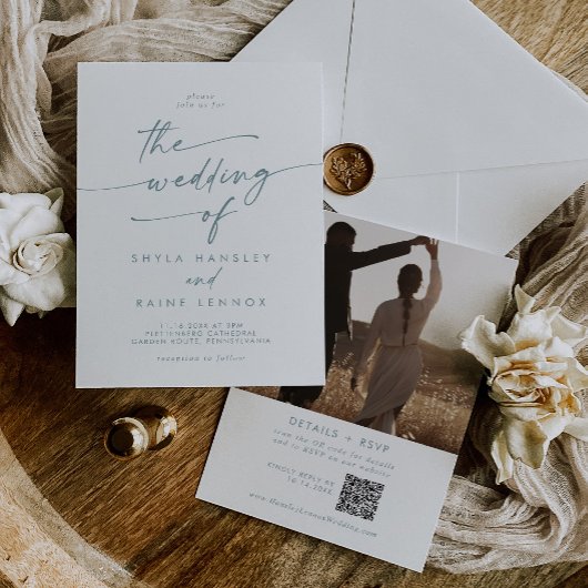 Boho Chic Blauwgroen en Wit Foto QR Code Bruiloft Kaart