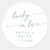 Boho Chic Blauwgroen en Wit Lucky In Liefde Favor Ronde Sticker (Voorkant)