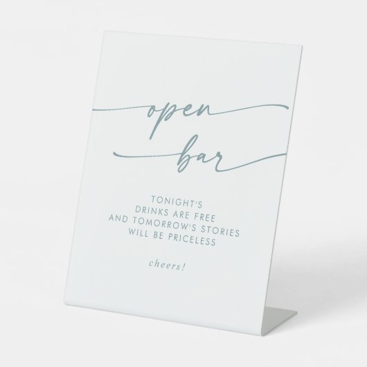 Boho Chic Blauwgroen en wit Open Bar Wedding Reclamebord Met Voetstuk (Voorkant)