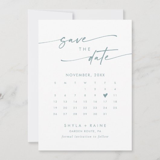 Boho Chic Blauwgroen en wit QR Code Fotokalender Save The Date (Voorkant)