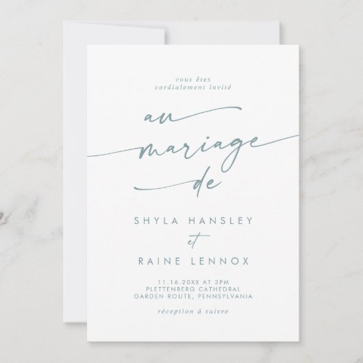 Boho Chic Blauwgroen en wit QR Code Franse bruilof Kaart (Voorkant)