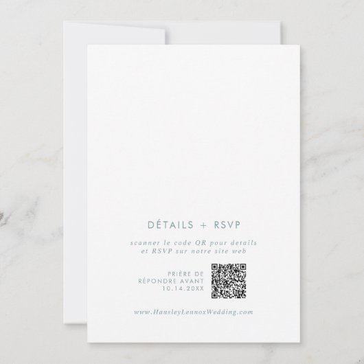 Boho Chic Blauwgroen en wit QR Code Franse bruilof Kaart (Achterkant)