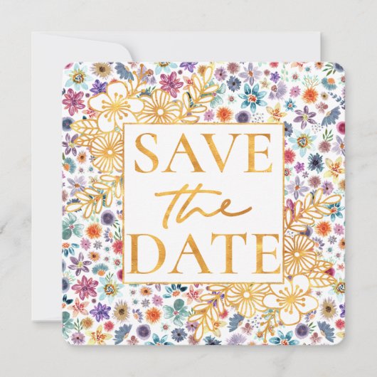 Boho Chic Bloemen Goud Wildflower Tuin Bruiloft Save The Date (Voorkant)