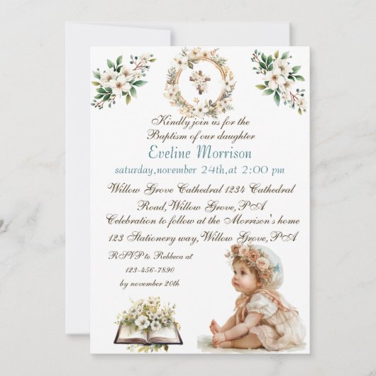 Boho Chic Bloemen Meisjes Doop Kaart (Voorkant)