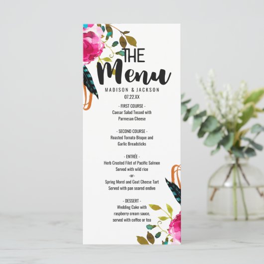 Boho Chic Bloemen Waterverf Bruiloft Menu (Staand voorkant)