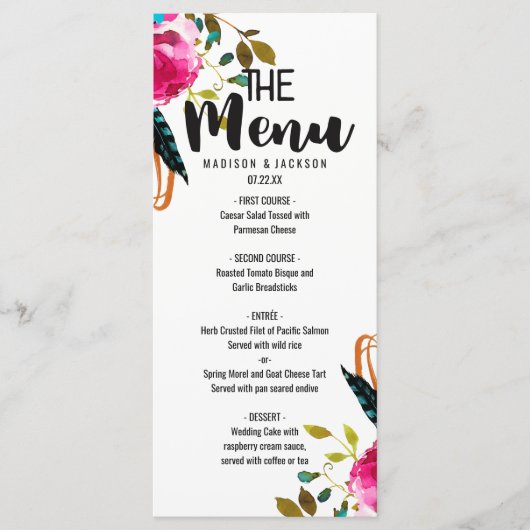 Boho Chic Bloemen Waterverf Bruiloft Menu (Voorkant)