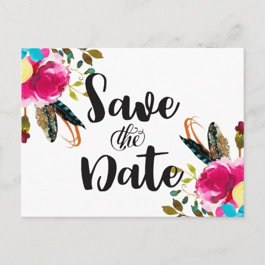 Boho Chic Bloemen Waterverf Bruiloft Save the Date Aankondigingskaart (Voorkant)