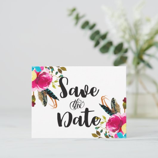 Boho Chic Bloemen Waterverf Bruiloft Save the Date Aankondigingskaart (Staand voorkant)
