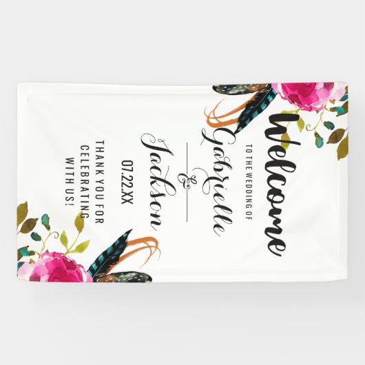Boho Chic Bloemen Waterverf Bruiloft Welkom Spandoek (Horizontaal)