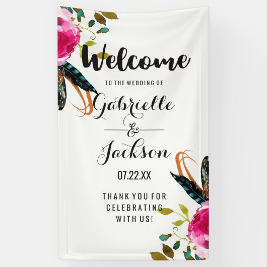 Boho Chic Bloemen Waterverf Bruiloft Welkom Spandoek (Verticaal)