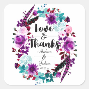 Boho Chic Bloemenkrans Paarse Liefde & Bedankt Fav Vierkante Sticker