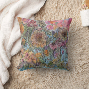 Boho Chic Bloementuin Aquarel Schilderij Kussen