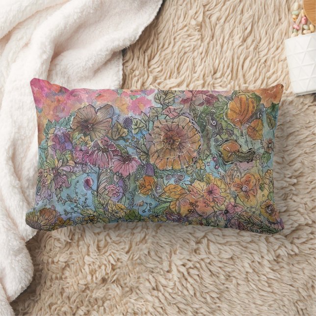 Boho Chic Bloementuin Aquarel Schilderij  Kussen (Deken)