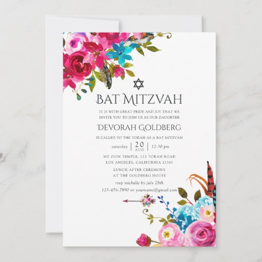 Boho Chic Bloemenvleermuis Mitzvah Kaart (Voorkant)