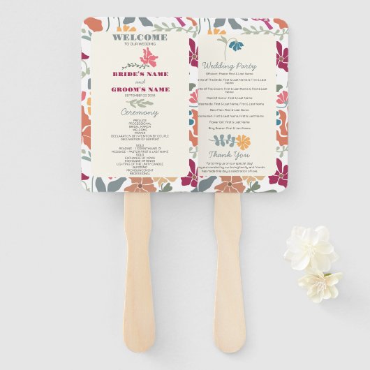 Boho Chic Bloemig Retro Trouwprogramma Mid Century Handwaaier (Voorkant en achterkant)