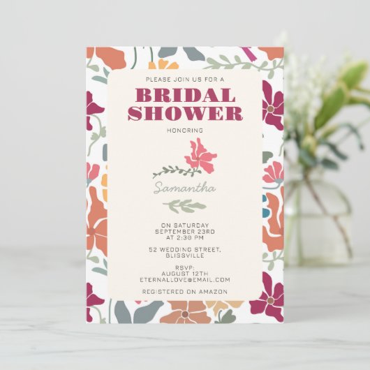 Boho Chic Bloemige Midden Eeuw Retro Bruidsdouche Kaart (Staand voorkant)