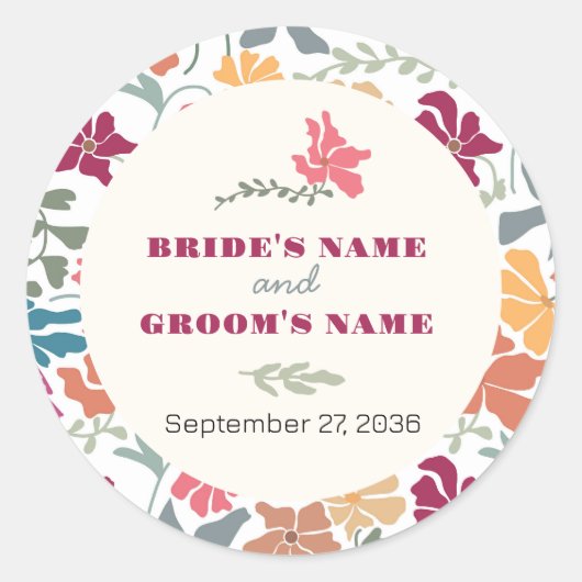 Boho Chic Bloemige Retro Mid Century Bruiloft Ronde Sticker (Voorkant)