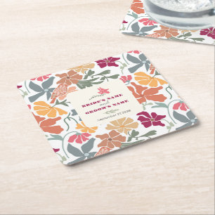 Boho Chic Bloemige Retro Mid Century Trouwdag Kartonnen Onderzetters