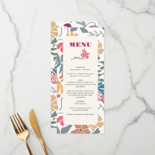 Boho Chic Bloemige Retro Mid Century Trouwdag Menu (Voorkant / Achterkant in situ)