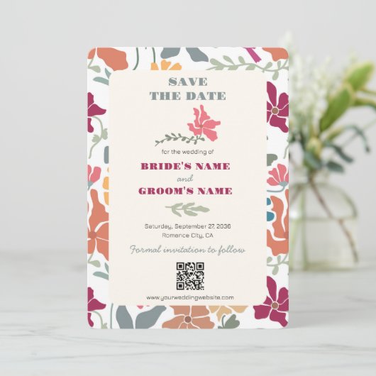 Boho Chic Bloemige Retro Mid Century Trouwdag Save The Date (Staand voorkant)