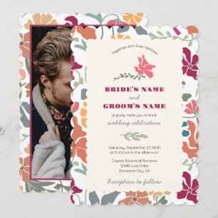 Boho Chic Bloemige Retro Trouwfoto Halverwege de E Kaart