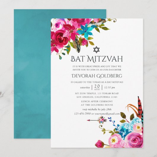 Boho Chic Bloemrijke Bat Mitzvah Kaart (Voorkant / Achterkant)