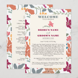 Boho Chic Bloemrijke Retro Trouwdag Itinerarium Programmakaart